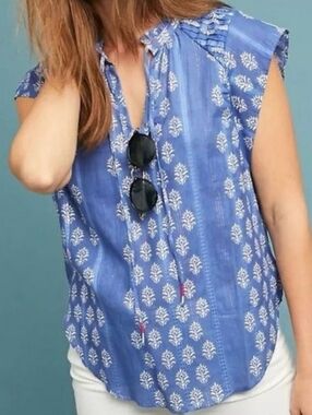 Maeve Anthro Blue Cap-Sleeve Top Large Boho Hippie Vacation Resort Summer